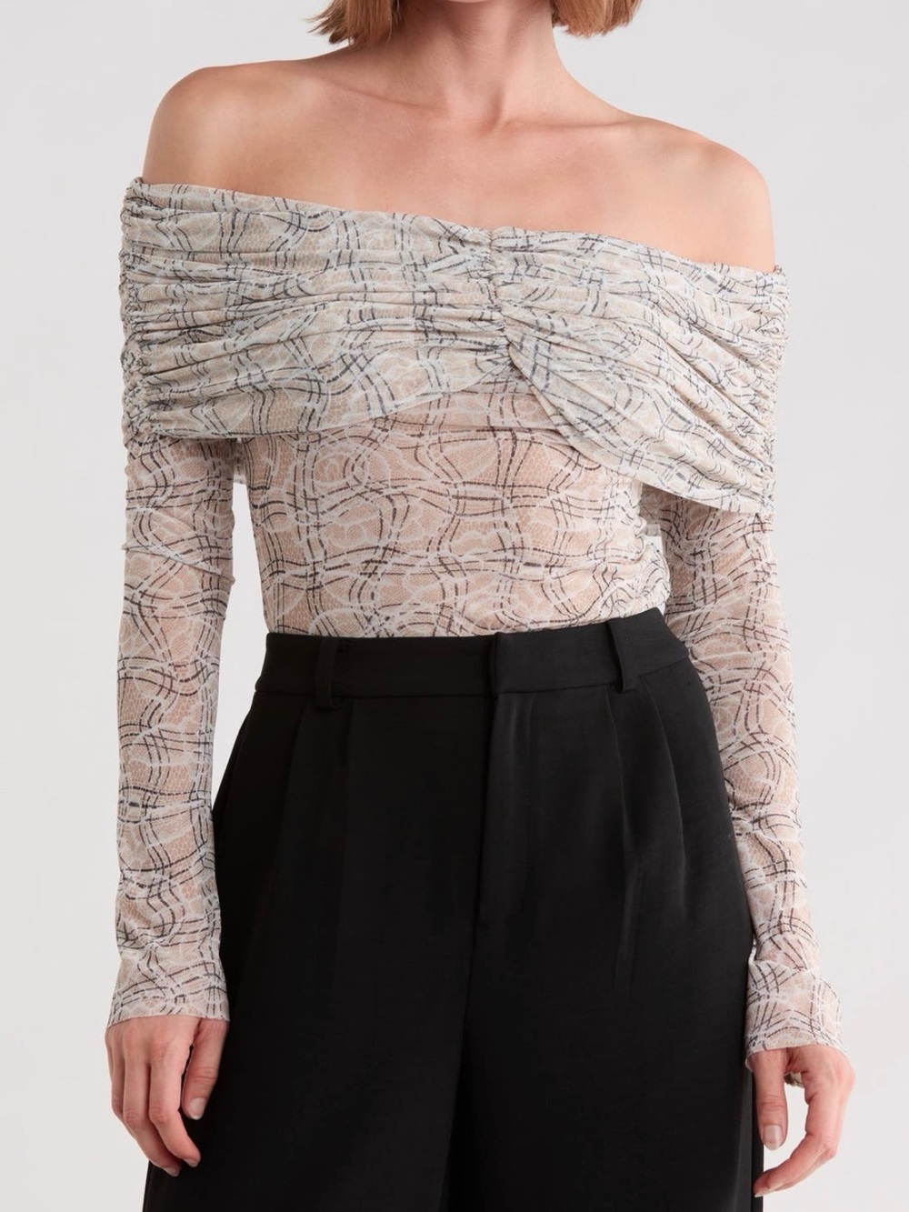 AFRM Off-Shoulder Long Sleeve Printed Top in Neutral Plaid